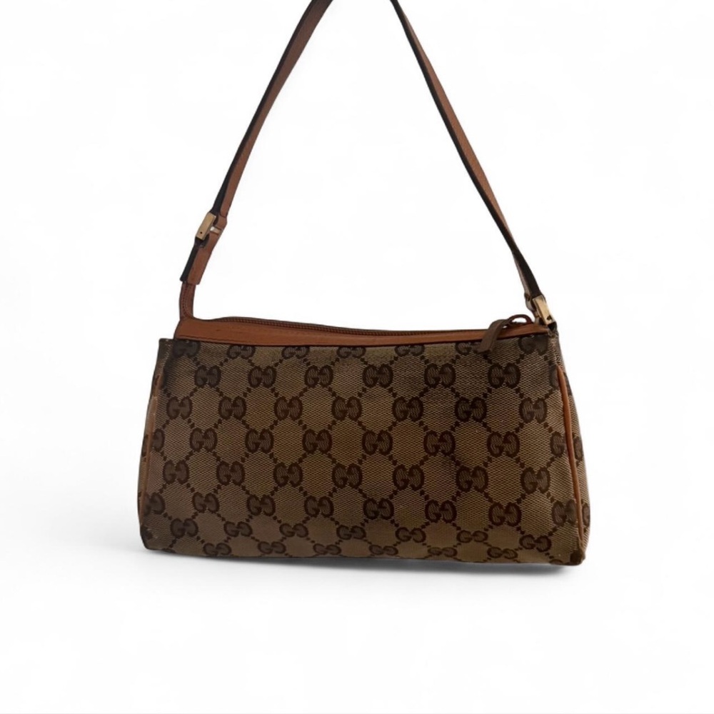 Gucci Brown Monogram Canvas Shoulder Bag with Tan Leather Trim - Picture 2 of 3